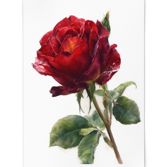 Watercolor Single Red Rose Wall Art Print, Unframed - Timeless Floral Elegance - Picture 2 of 6